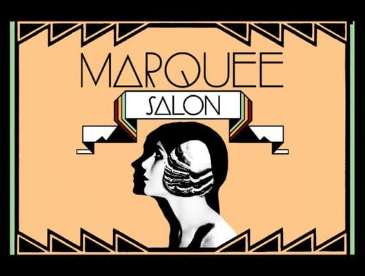 Front of a Marquee Salon referral card. Refer a friend you get $10 dollars off of your next service and so do they!