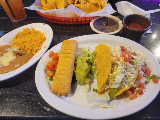 Chicken tacos  chicken flauta rice and beans