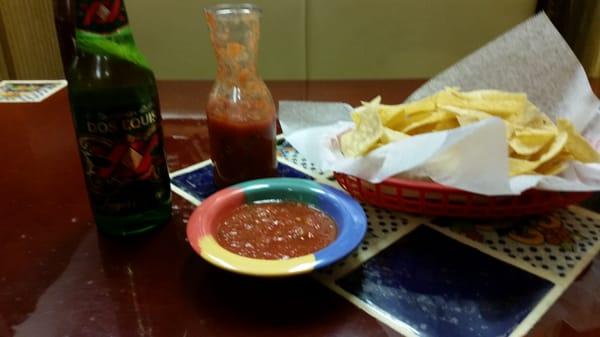 Beer and homemade chips and salsa