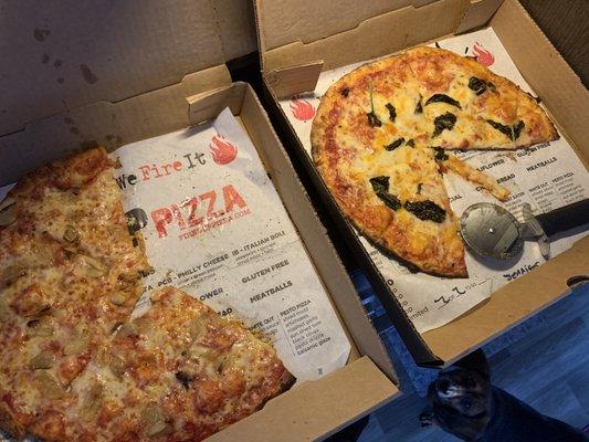 Pizza with marinated garlic, fresh basil.