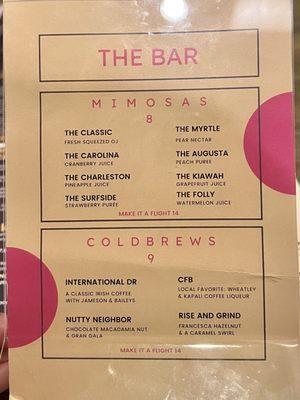 The bar menu (side 1)- mimosas & cold brews