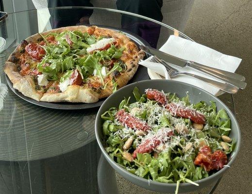 Burrata pizza and mixed greens salad