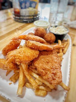 Fish and Chips with 6 Shrimp and 2 Sides (Flounder)