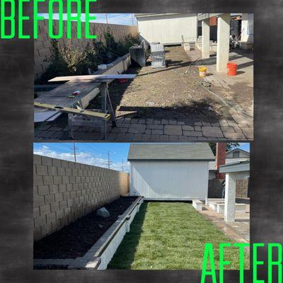 We cleaned up and removed some plants from the planter we also installed new grass