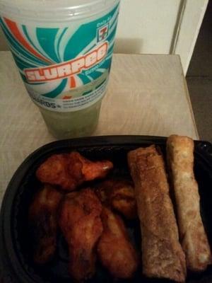 Buffalo wings and egg rolls