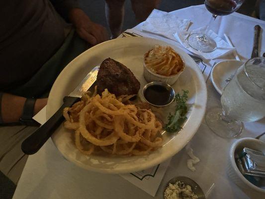 Petite filet (comes with crispy onions) & twice baked potato casserole