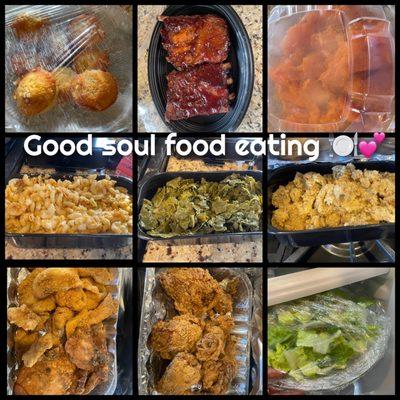 Muffins, ribs, yams, dressing, collard greens, Mac n cheese, fish, friend chicken, pork chops, house salad...