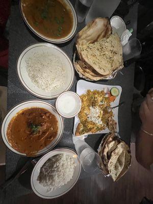 Beef Curry,Butter Chicken,Beef Biryani, and Garlic Naan& Butter Naan