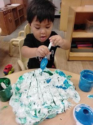 My son painting with shaving cream!