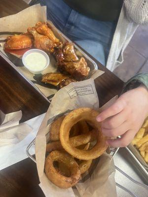 Onion rings and 6 wings (Buffalo and teriyaki)