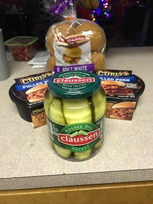 Curleys pulled pork, Pepperidge farms buns and claussen pickles.