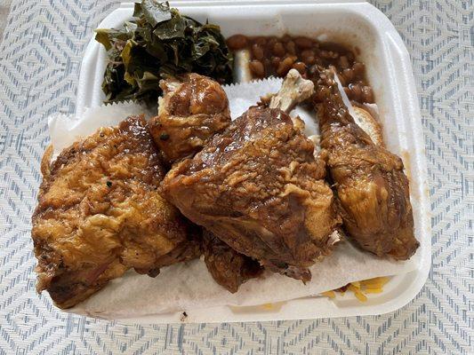 Chicken BBQ w/ Collard Greens, Baked Beans & Jambalaya Rice.