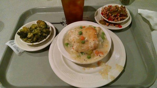 Spicy black eyed peas, grilled broccoli, and chicken pot pie