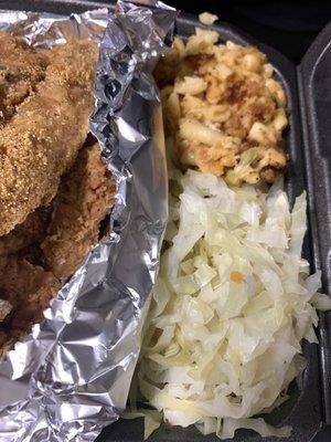 Fried fish, Mac and uncooked cabbage