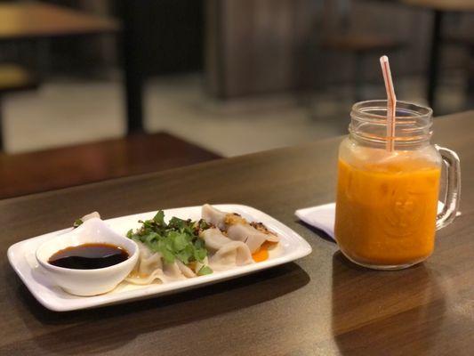 pork dumpling and thai ice tea