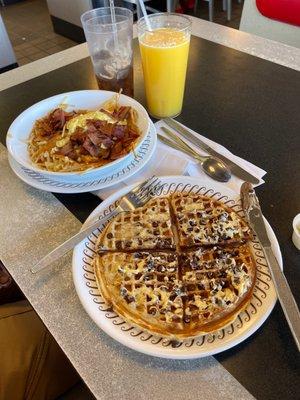 Bacon Egg & Cheese hash brown bowl, chocolate chip waffle