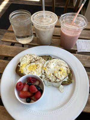 Avocado toast, berry good smoothie, vanilla sweet cream latte