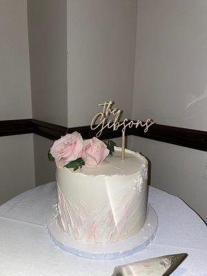 Our wedding cake! It was beautiful and tasted divine. The cake topper was from Etsy.