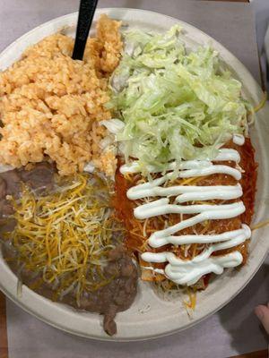 Enchilada, rice, and beans