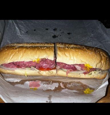 The combo (corn beef, roast beef, Swiss cheese).