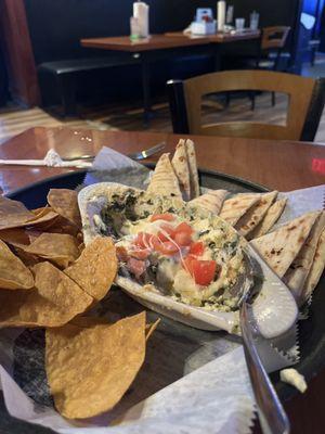 Spinach artichoke dip came with hot pita bread and crispy tortilla chips