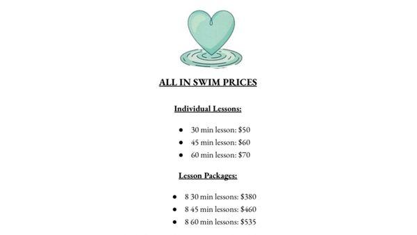 All In Swim lesson prices! (5% discount if you buy a package, already calculated in the price listing)