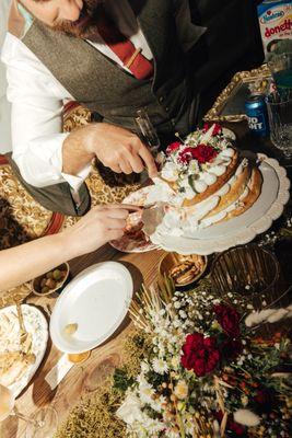 Wedding Cake - Three tier angel-food cake with whipped icing