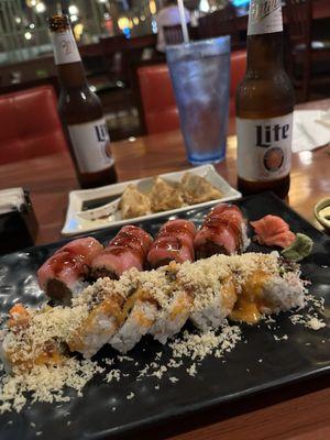 Miller w/ 6. Pan-Fried Gyoza 1. Red Dragon Roll and 10. Shaggy Dog Roll