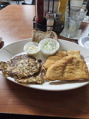 Fish Fry Cod, Potato Pancakes, Rye Bread, Coleslaw, Clam Chowdet