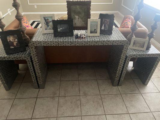 Bone inlay console table and two side tables