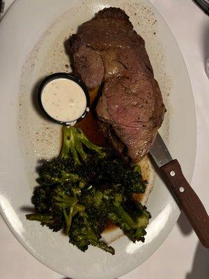 Prime rib and burnt broccoli