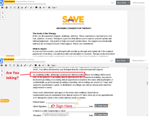 Highlighting the agreement form that requires you to give permission for video recording your therapy sessions