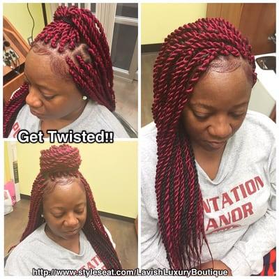 Beautiful and neat Senegalese Twists may be done in any color, size, or length. These twists allow for unlimited styling options!