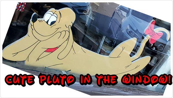 Cute Pluto in the window of New Life Thrift Store. Sadly, he was not for sale. :(