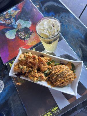 Crab cake and fried shrimp with bang bang sauce