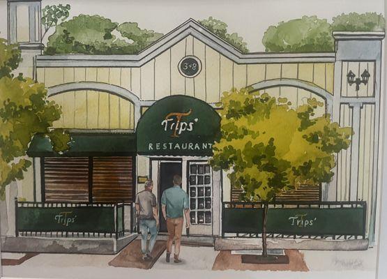 A water color painting of my son Justin and I entering our favorite restaurant, Trip's. Best prime rib in Stamford!