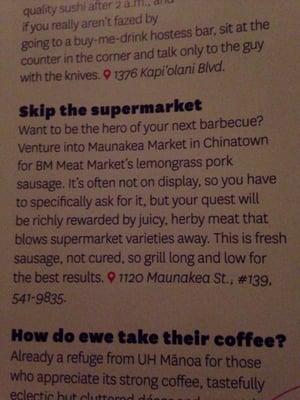 Here's the "blurb" from Honolulu Magazine.  If I have to see "ewe" used again, I might strangle myself, really? ;) Aloha