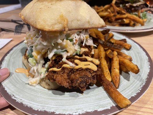 Dirty south chicken sandwich with seasoned fries