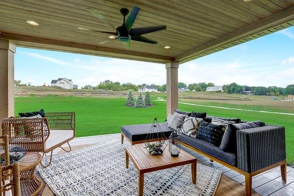 The covered outdoor living area at the Peyton