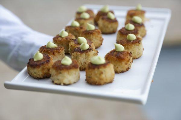 Miniature Dungeness Crab Cakes with Celery Root and Dill Remoulade.