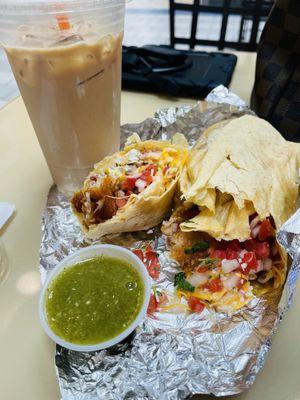 Breakfast burrito with green salsa and hazelnut iced coffee