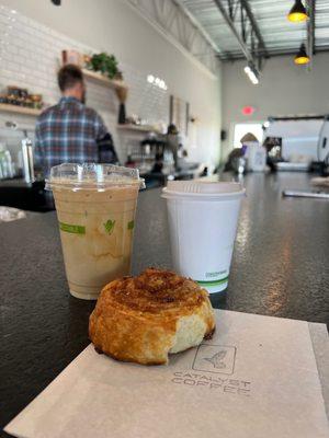 Hot vanilla lavender latte, iced brown butter toffee latte, and a maple bourbon pastry. All yummy!