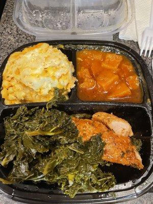 Mac and Cheese, candied yams, collard greens & salmon