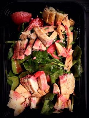 Grilled chicken W/ Strawberries & Goat Cheese. Topped w/ Raspberry Vinaigrette.