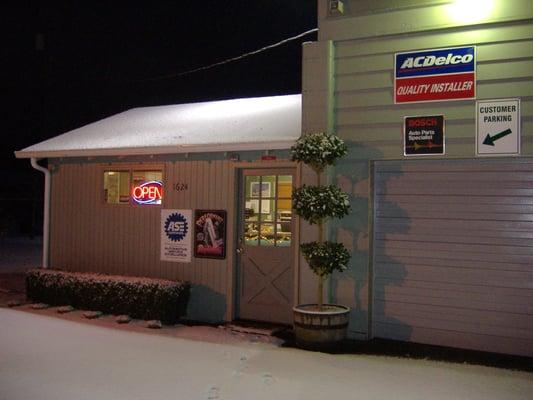 A snowy morning at Midland Automotive.