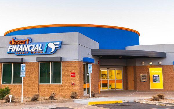 Desert Financial Credit Union's Phoenix - East Bell branch, exterior front entrance with night-drop box and ATM