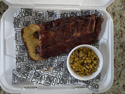 Full rack of ribs, look below.  Side of corn .