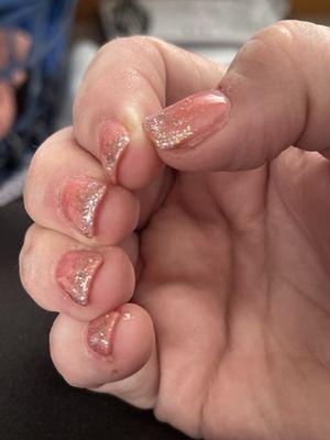 Messy, uneven and doesn't cover entire nail.