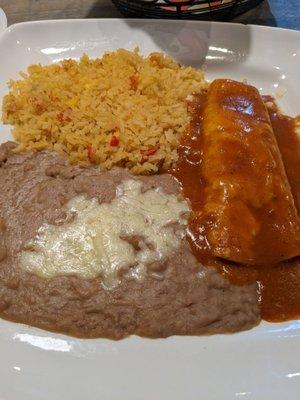 Cheese enchilada, rice, beans