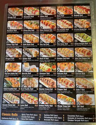 Back page of menu, all the rolls